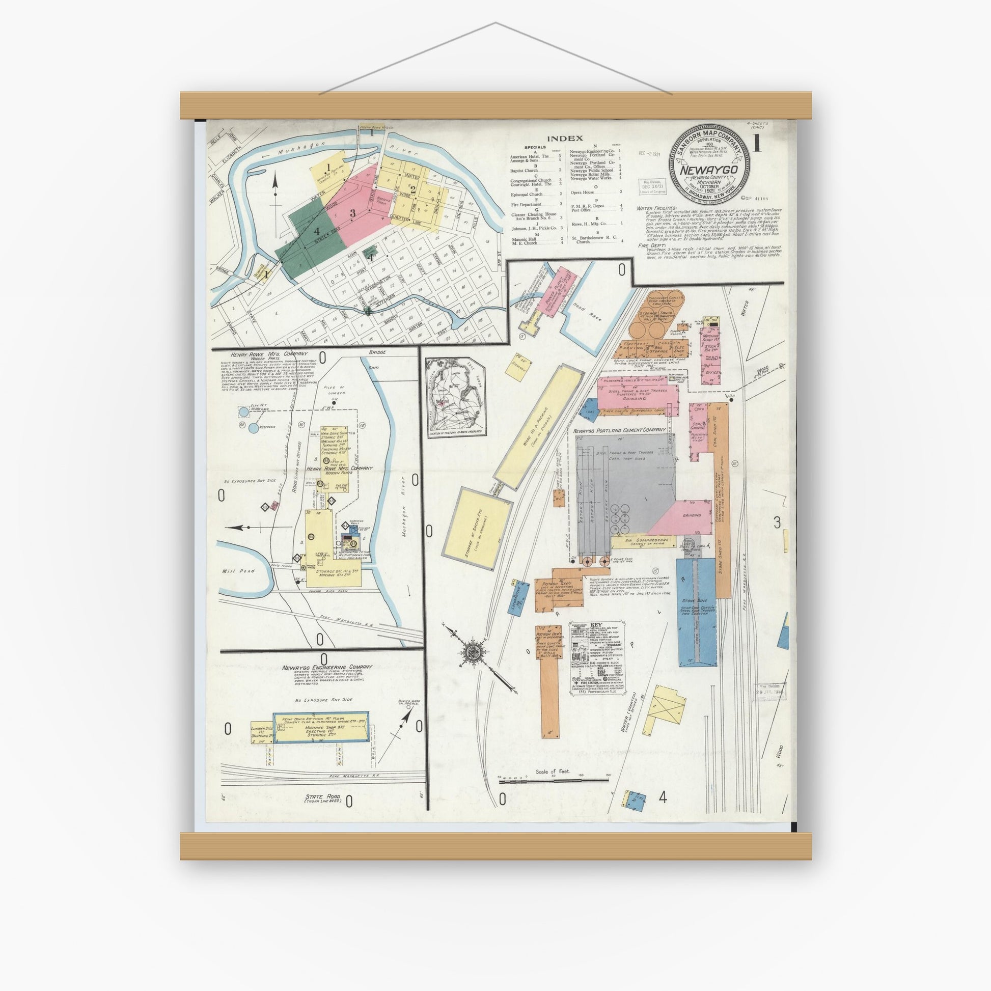 Old map wall art mockup — magnetic wood frame on white wall — Sanborn Fire Insurance Map from Newaygo, Newaygo County, Michigan (1921) - Complete Map Set