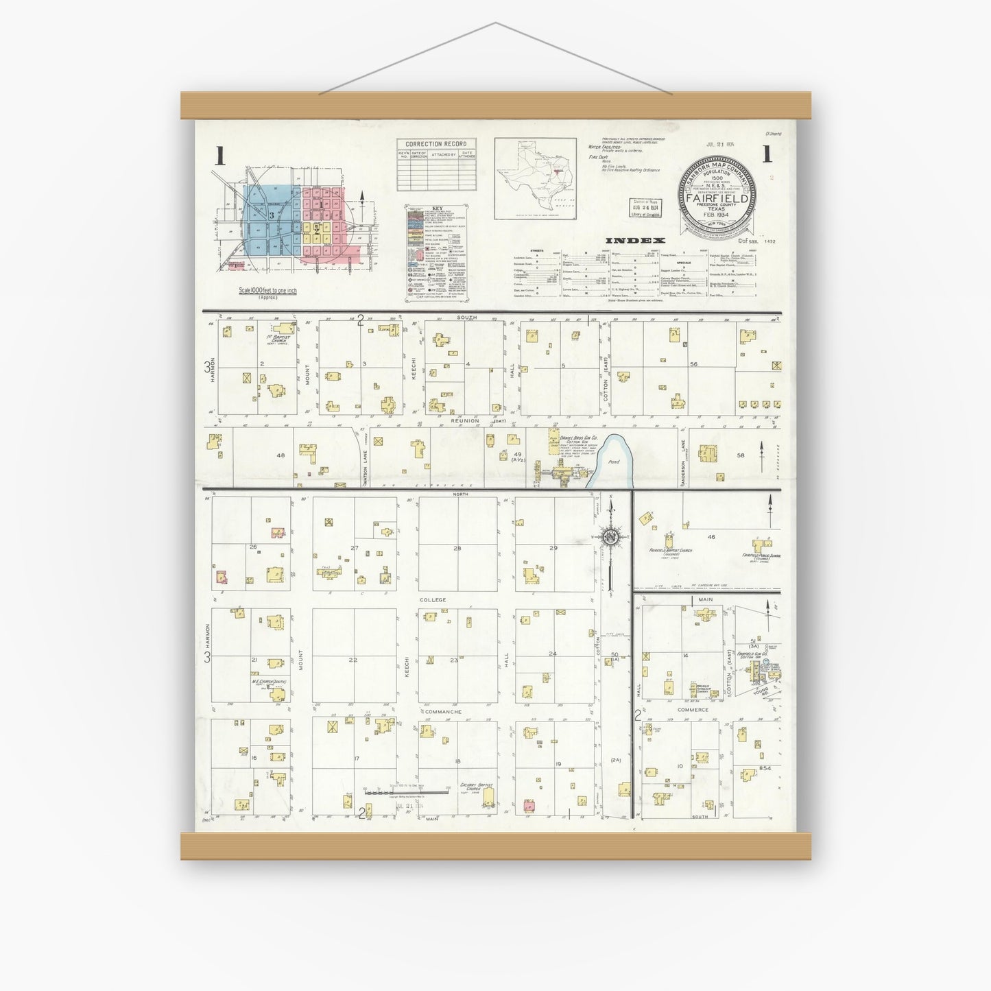 Old map wall art mockup — magnetic wood frame on white wall — Sanborn Fire Insurance Map from Fairfield, Freestone County, Texas (1934), Sheet #0001