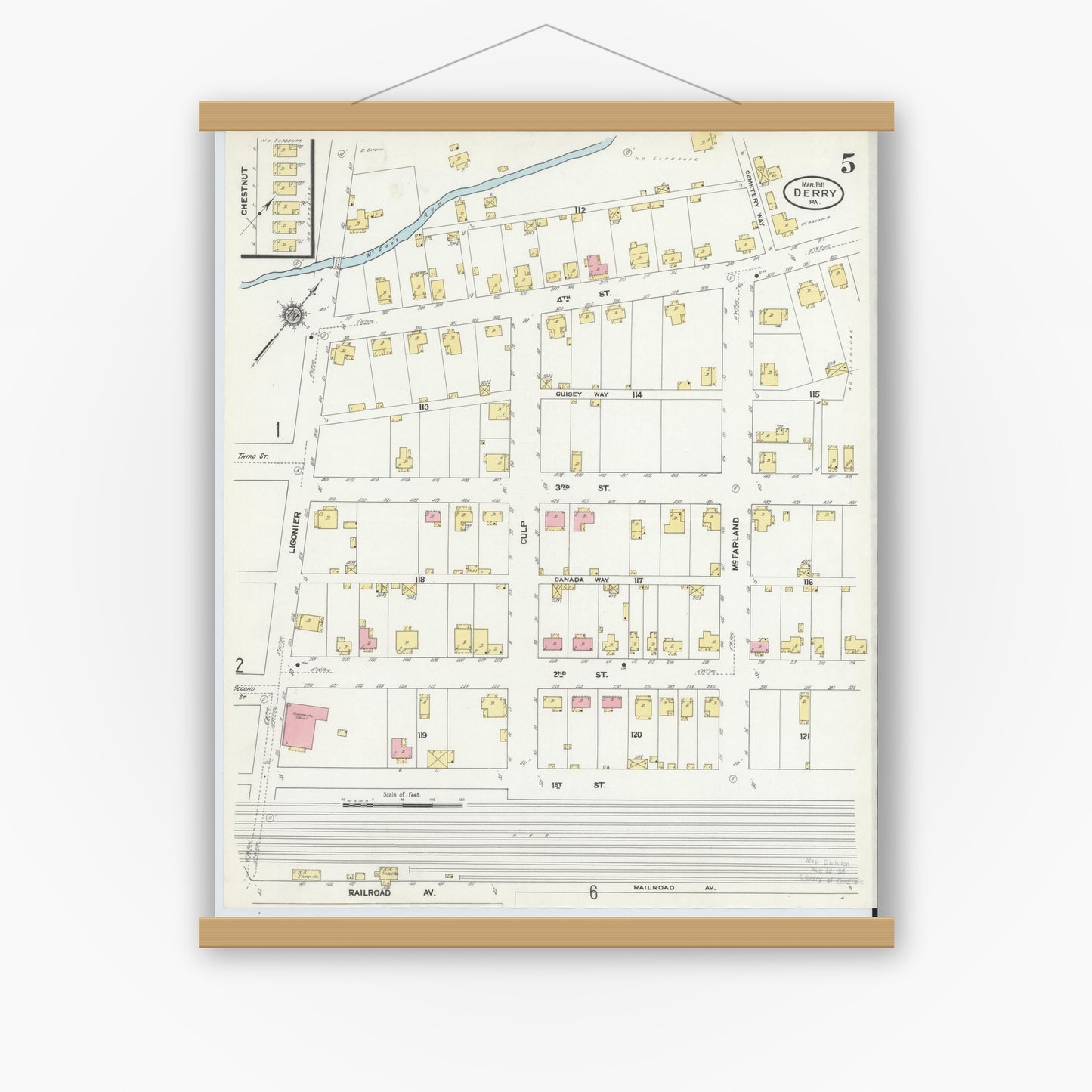 Old map wall art mockup — magnetic wood frame on white wall — Sanborn Fire Insurance Map from Derry, Westmoreland County, Pennsylvania (1911), Sheet #0005
