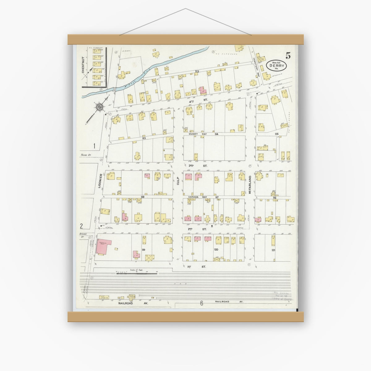 Old map wall art mockup — magnetic wood frame on white wall — Sanborn Fire Insurance Map from Derry, Westmoreland County, Pennsylvania (1911), Sheet #0005