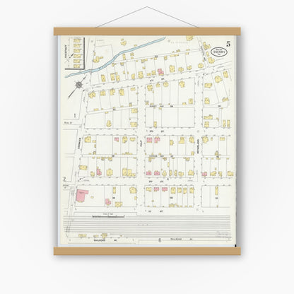 Old map wall art mockup — magnetic wood frame on white wall — Sanborn Fire Insurance Map from Derry, Westmoreland County, Pennsylvania (1911), Sheet #0005