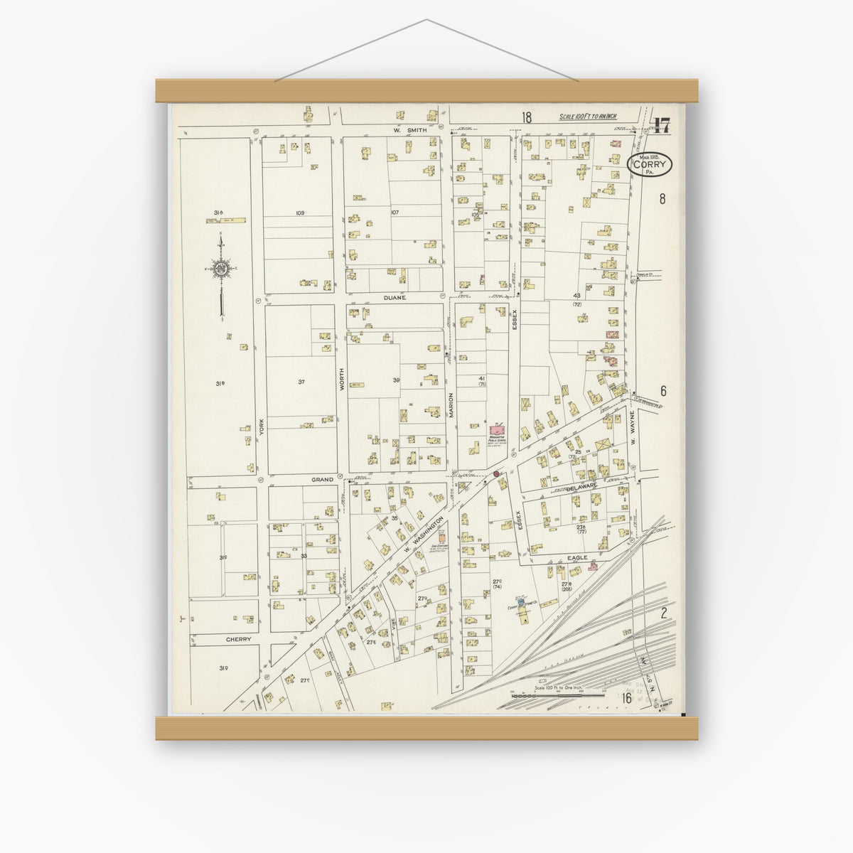 Old map wall art mockup — magnetic wood frame on white wall — Sanborn Fire Insurance Map from Corry, Erie County, Pennsylvania (1915), Sheet #0017
