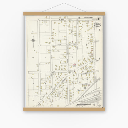 Old map wall art mockup — magnetic wood frame on white wall — Sanborn Fire Insurance Map from Corry, Erie County, Pennsylvania (1915), Sheet #0017