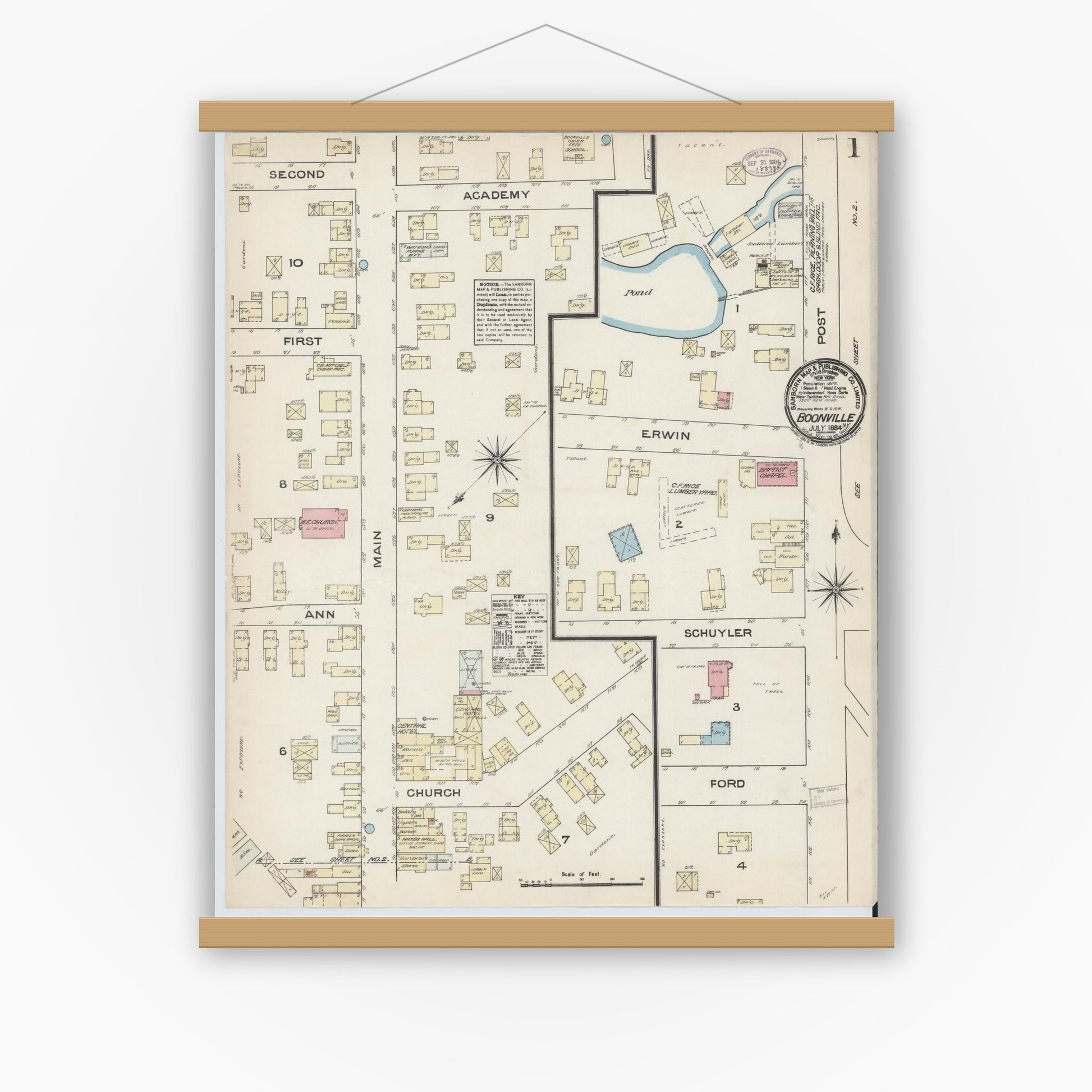 Old map wall art mockup — magnetic wood frame on white wall — Sanborn Fire Insurance Map from Boonville, Oneida County, New York (1884), Sheet #0001