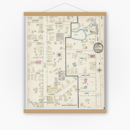 Old map wall art mockup — magnetic wood frame on white wall — Sanborn Fire Insurance Map from Boonville, Oneida County, New York (1884), Sheet #0001
