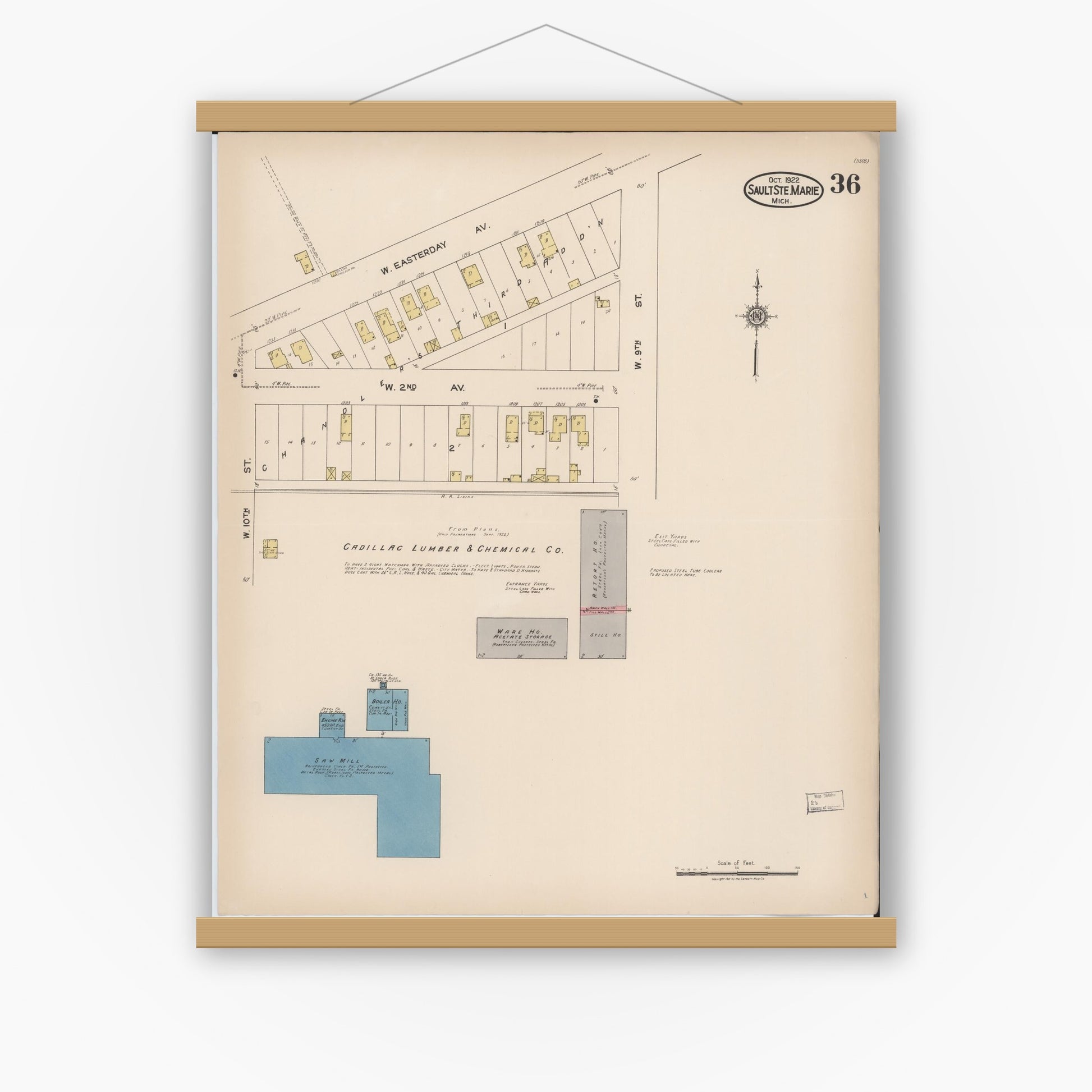 Old map wall art mockup — magnetic wood frame on white wall — Sanborn Fire Insurance Map from Sault Sainte Marie, Chippewa County, Michigan (1922), Sheet #0036