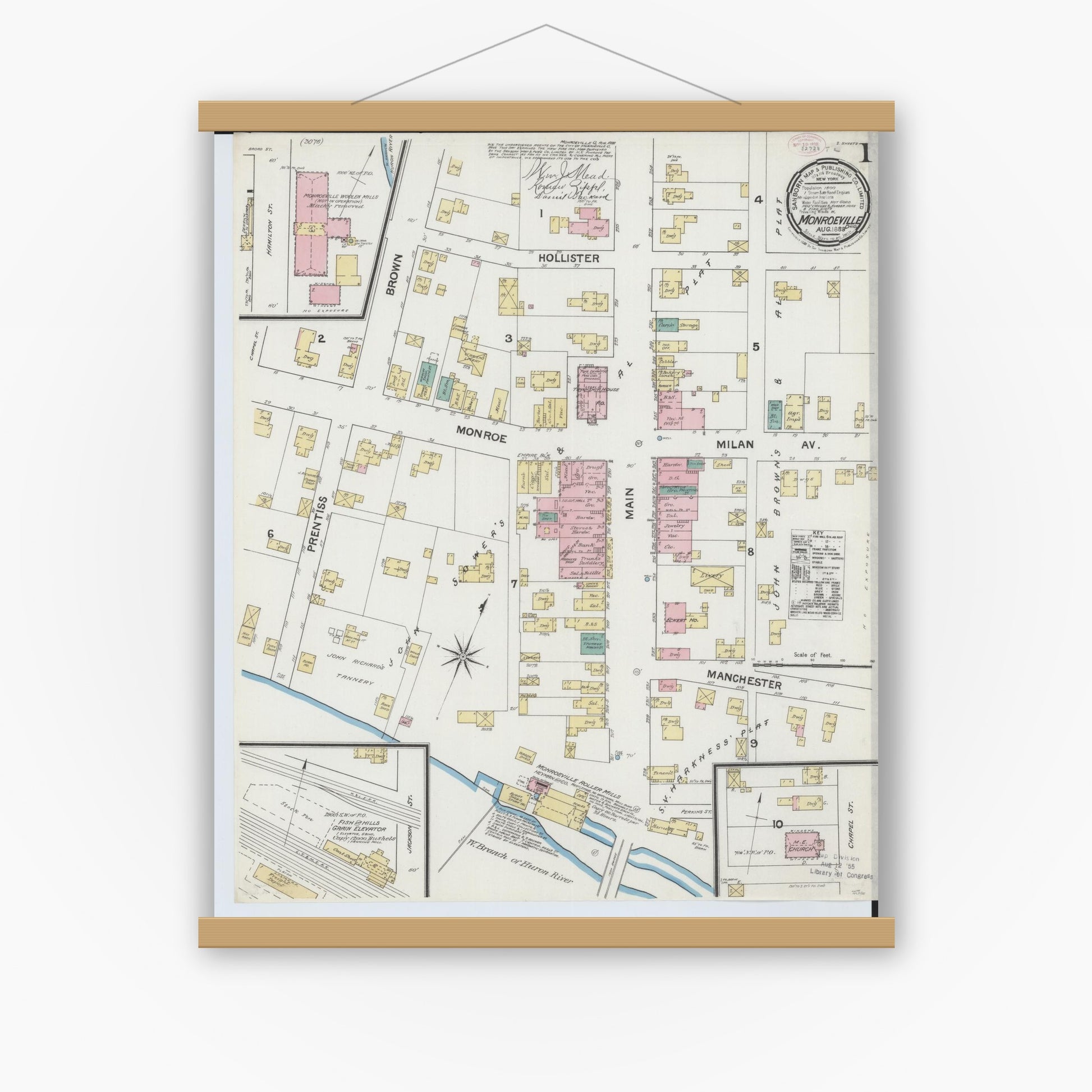 Old map wall art mockup — magnetic wood frame on white wall — Sanborn Fire Insurance Map from Monroeville, Huron County, Ohio (1888), Sheet #0001