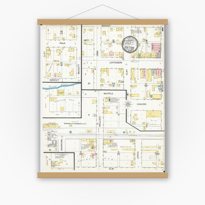 Old map wall art mockup — magnetic wood frame on white wall — Sanborn Fire Insurance Map from Vinton, Benton County, Iowa (1892) â€” Complete Set
