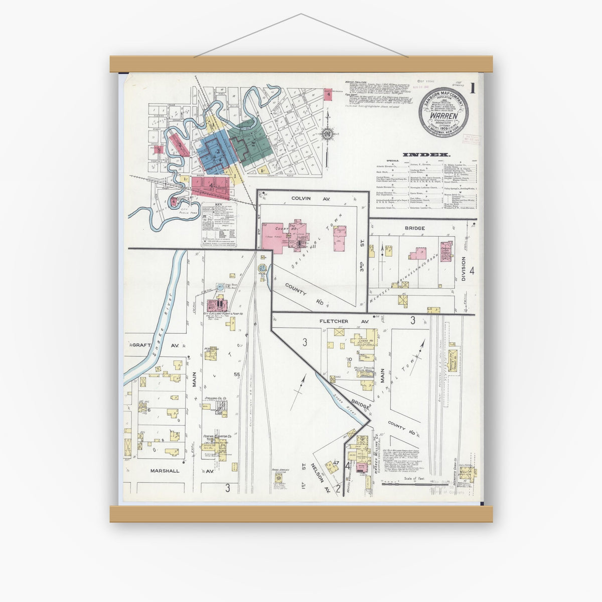 Old map wall art mockup — magnetic wood frame on white wall — Sanborn Fire Insurance Map from Warren, Marshall County, Minnesota (1909), Sheet #0001