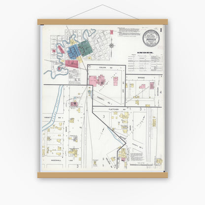 Old map wall art mockup — magnetic wood frame on white wall — Sanborn Fire Insurance Map from Warren, Marshall County, Minnesota (1909), Sheet #0001