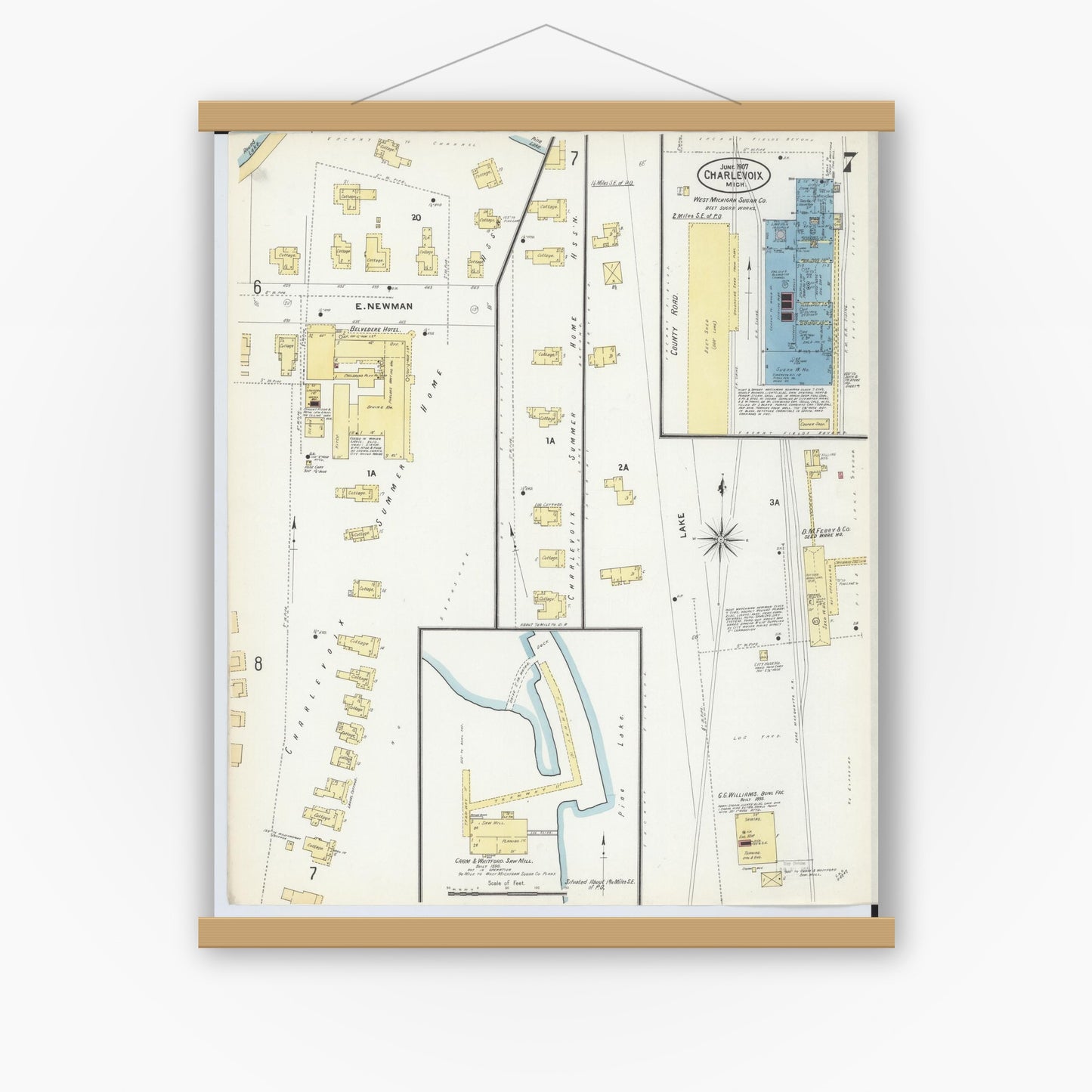 Old map wall art mockup — magnetic wood frame on white wall — Sanborn Fire Insurance Map from Charlevoix, Charlevoix County, Michigan (1907), Sheet #0007