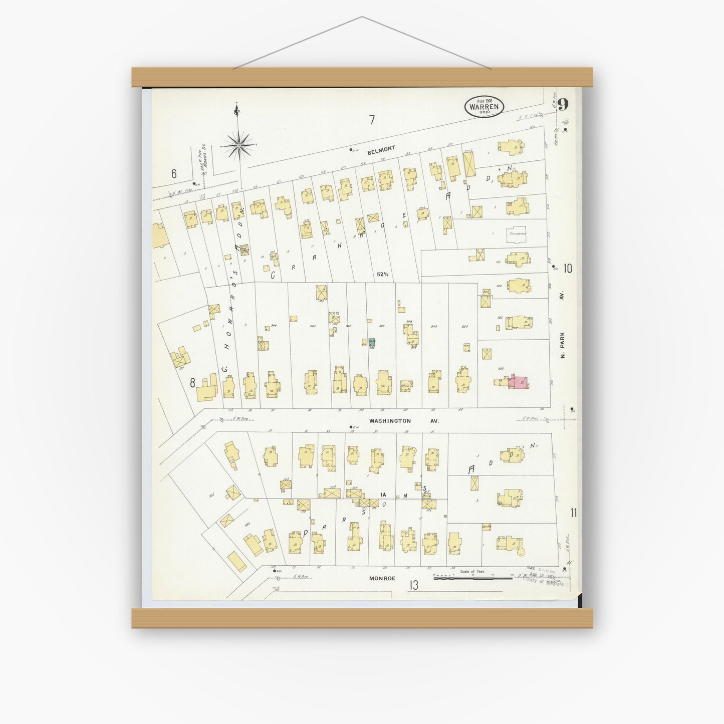 Old map wall art mockup — magnetic wood frame on white wall — Sanborn Fire Insurance Map from Warren, Trumbull County, Ohio (1908), Sheet #0009