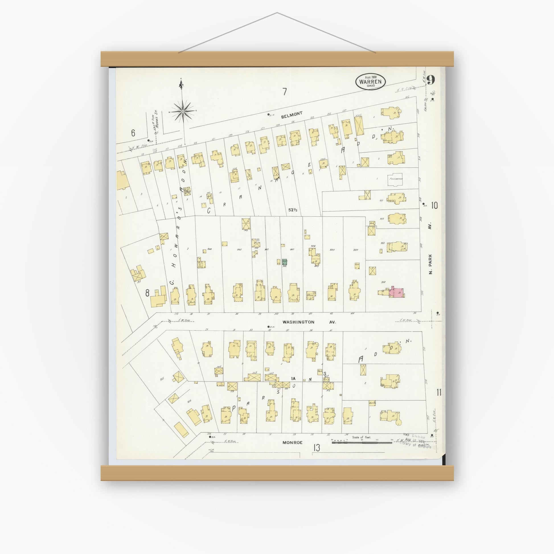 Old map wall art mockup — magnetic wood frame on white wall — Sanborn Fire Insurance Map from Warren, Trumbull County, Ohio (1908), Sheet #0009