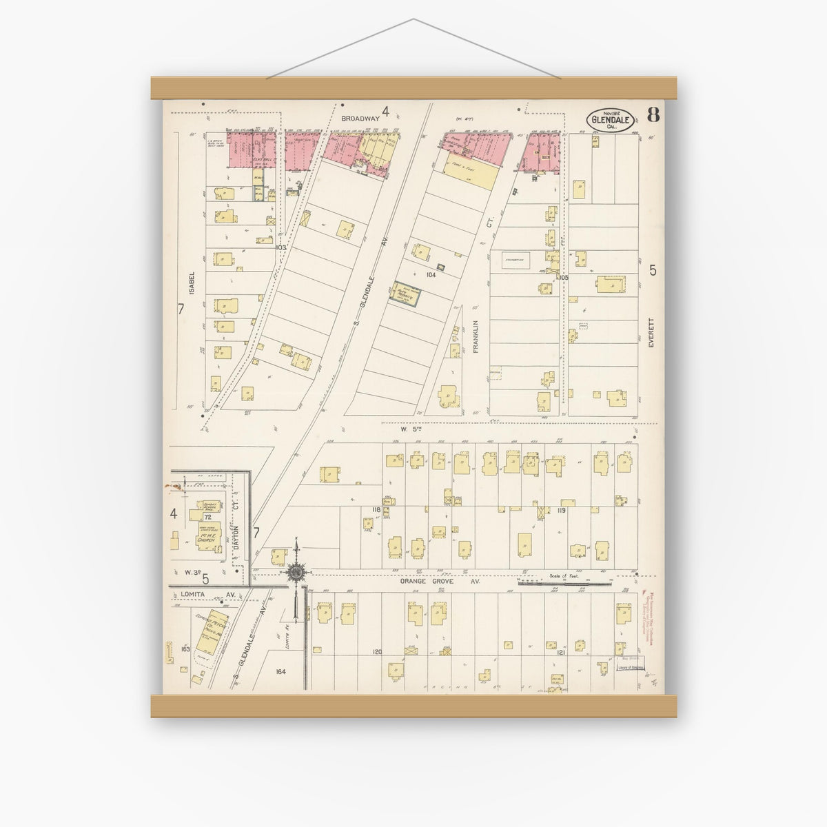 Old map wall art mockup — magnetic wood frame on white wall — Sanborn Fire Insurance Map from Glendale, Los Angeles County, California (1912), Sheet #0008