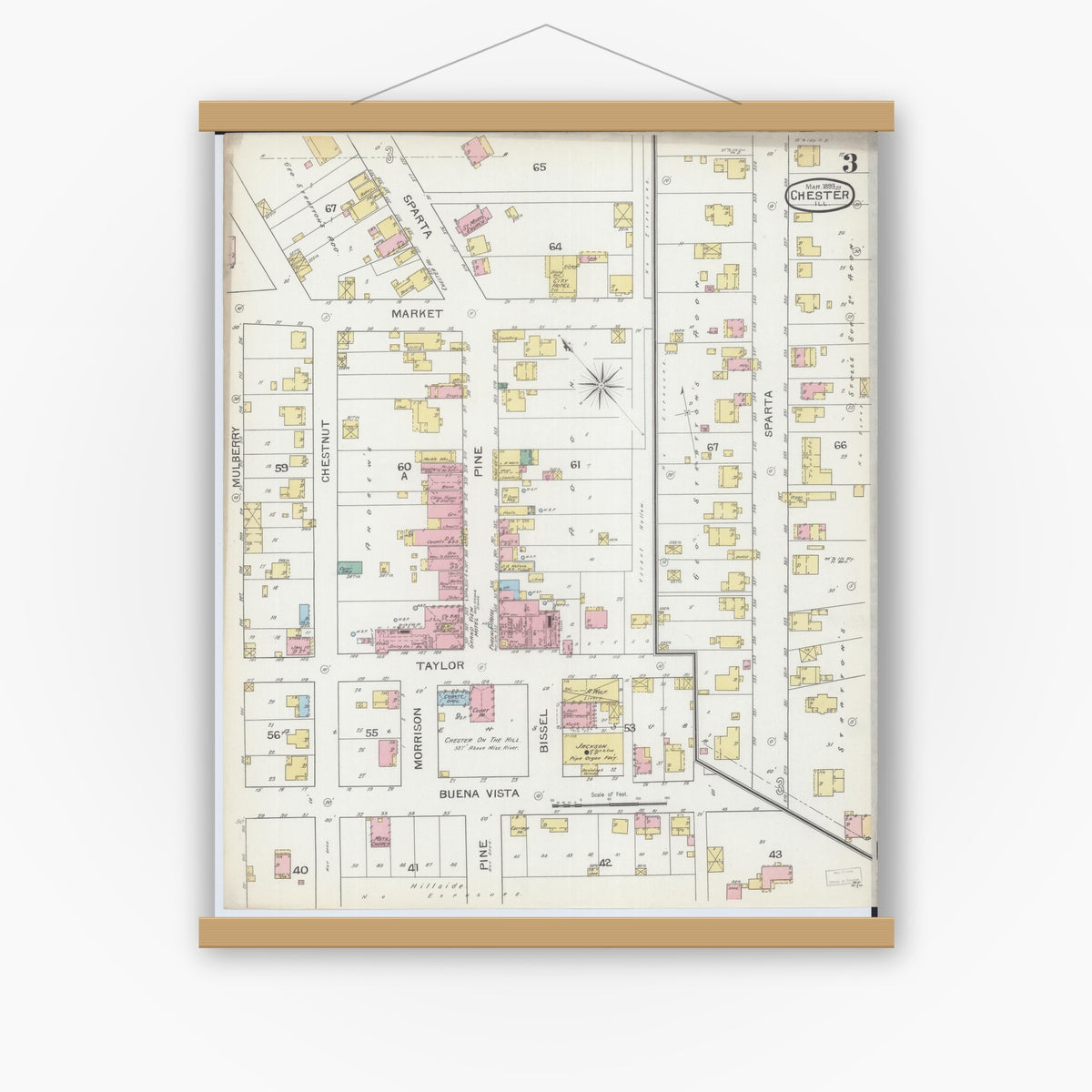 Old map wall art mockup — magnetic wood frame on white wall — Sanborn Fire Insurance Map from Chester, Randolph County, Illinois (1886), Sheet #0003