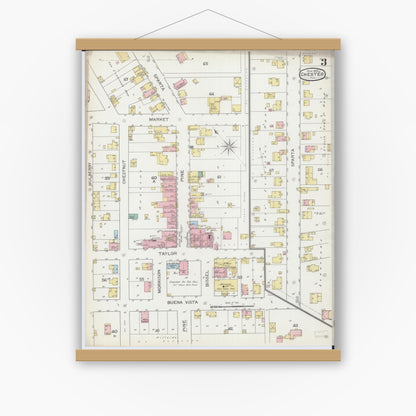 Old map wall art mockup — magnetic wood frame on white wall — Sanborn Fire Insurance Map from Chester, Randolph County, Illinois (1886), Sheet #0003