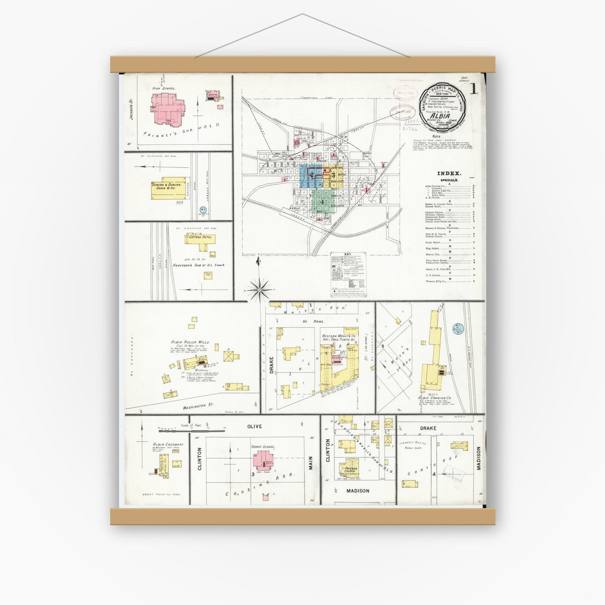 Old map wall art mockup — magnetic wood frame on white wall — Sanborn Fire Insurance Map from Albia, Monroe County, Iowa (1899), Sheet #0001