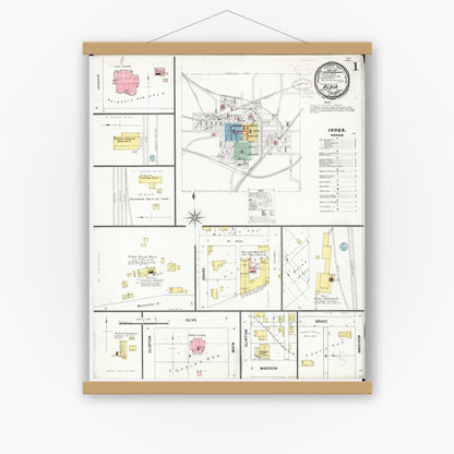 Old map wall art mockup — magnetic wood frame on white wall — Sanborn Fire Insurance Map from Albia, Monroe County, Iowa (1899), Sheet #0001