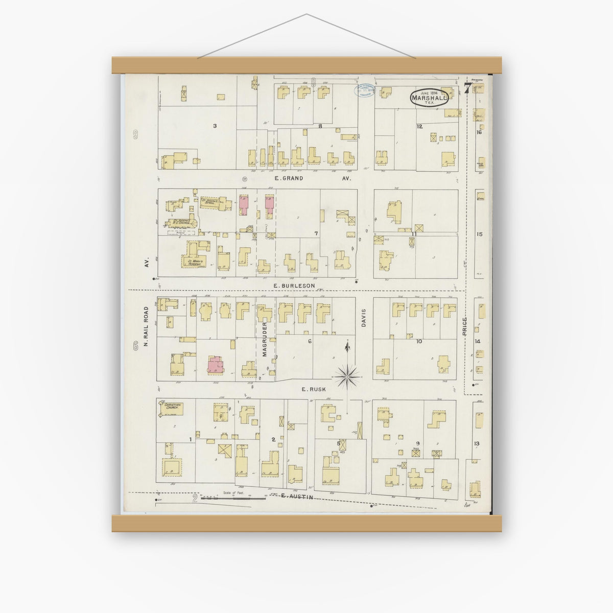 Old map wall art mockup — magnetic wood frame on white wall — Sanborn Fire Insurance Map from Marshall, Harrison County, Texas (1894), Sheet #0007