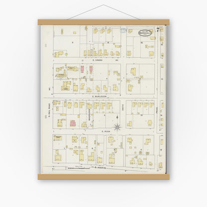 Old map wall art mockup — magnetic wood frame on white wall — Sanborn Fire Insurance Map from Marshall, Harrison County, Texas (1894), Sheet #0007