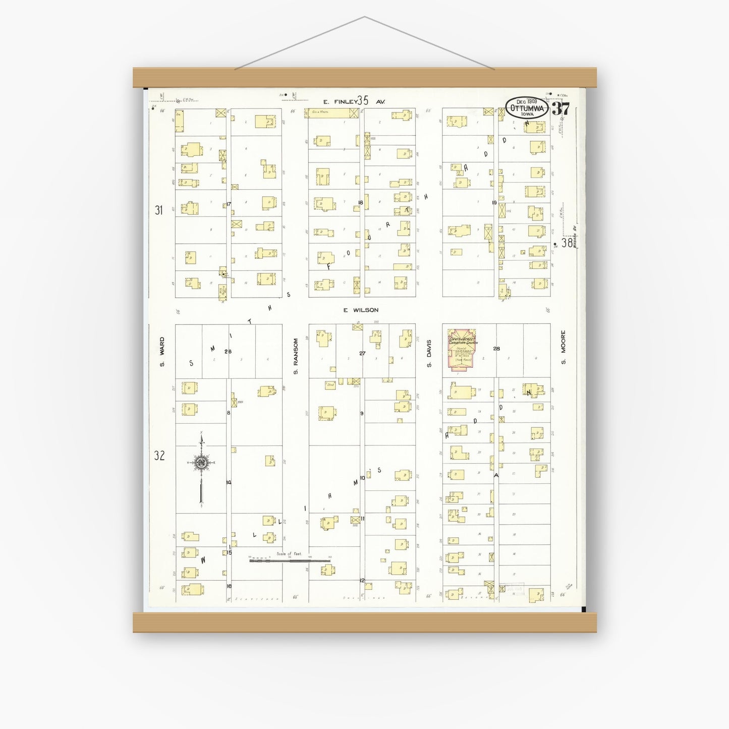 Old map wall art mockup — magnetic wood frame on white wall — Sanborn Fire Insurance Map from Ottumwa, Wapello County, Iowa (1909), Sheet #0037