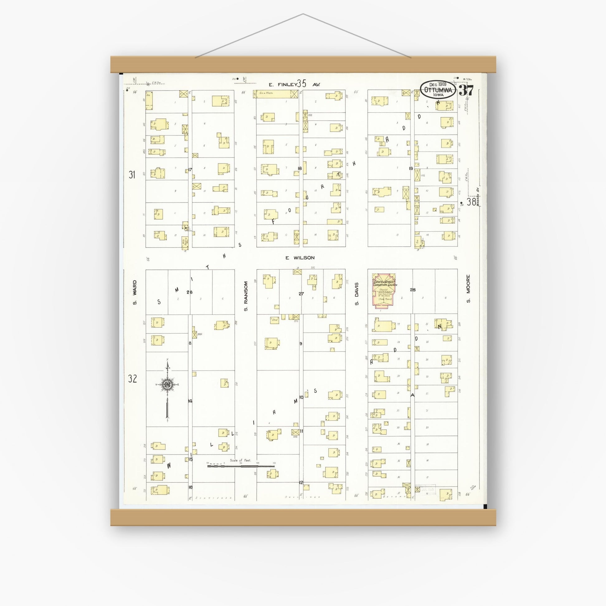 Old map wall art mockup — magnetic wood frame on white wall — Sanborn Fire Insurance Map from Ottumwa, Wapello County, Iowa (1909), Sheet #0037