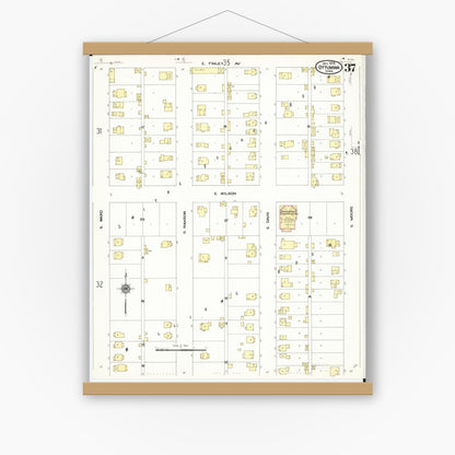 Old map wall art mockup — magnetic wood frame on white wall — Sanborn Fire Insurance Map from Ottumwa, Wapello County, Iowa (1909), Sheet #0037