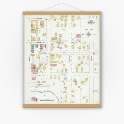 Old map wall art mockup — magnetic wood frame on white wall — Sanborn Fire Insurance Map from Monroe, Green County, Wisconsin (1900), Sheet #0003