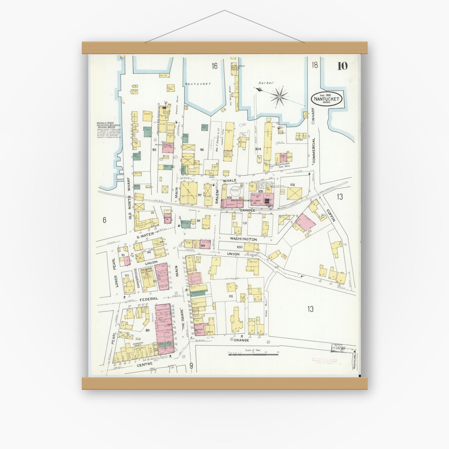 Old map wall art mockup — magnetic wood frame on white wall — Sanborn Fire Insurance Map from Nantucket, Nantucket County, Massachusetts (1909), Sheet #0010