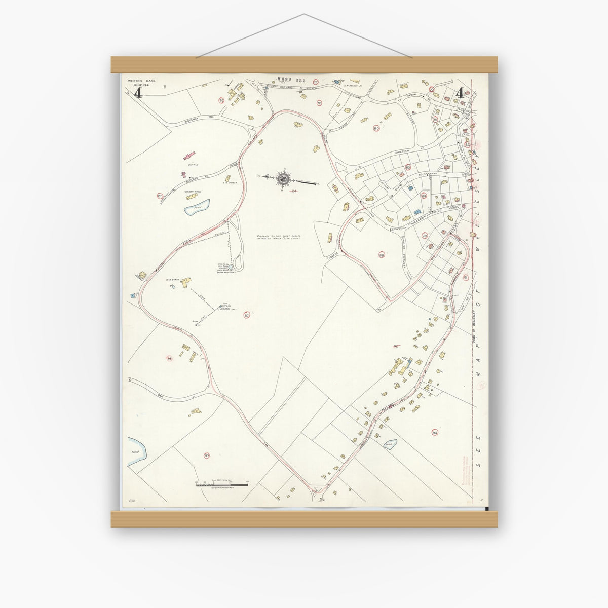 Old map wall art mockup — magnetic wood frame on white wall — Sanborn Fire Insurance Map from Weston, Middlesex County, Massachusetts (1941), Sheet #0004