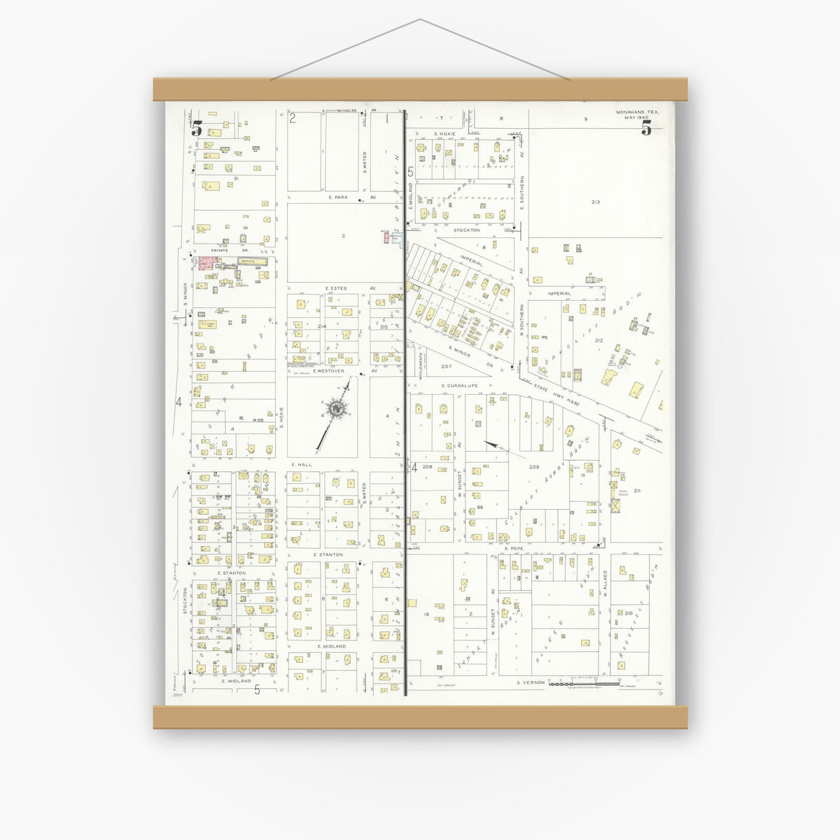 Old map wall art mockup — magnetic wood frame on white wall — Sanborn Fire Insurance Map from Monahans, Ward County, Texas (1940), Sheet #0005