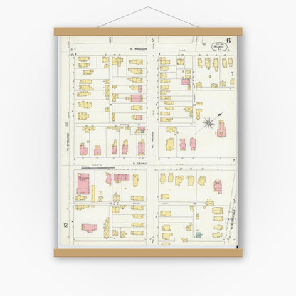 Old map wall art mockup — magnetic wood frame on white wall — Sanborn Fire Insurance Map from Rome, Oneida County, New York (1904), Sheet #0006