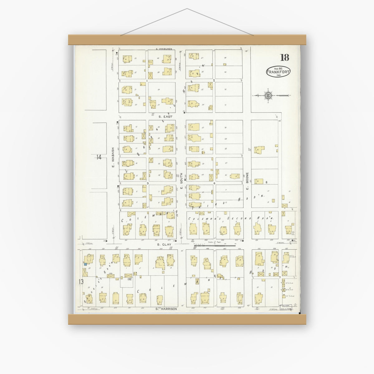 Old map wall art mockup — magnetic wood frame on white wall — Sanborn Fire Insurance Map from Frankfort, Clinton County, Indiana (1912), Sheet #0018