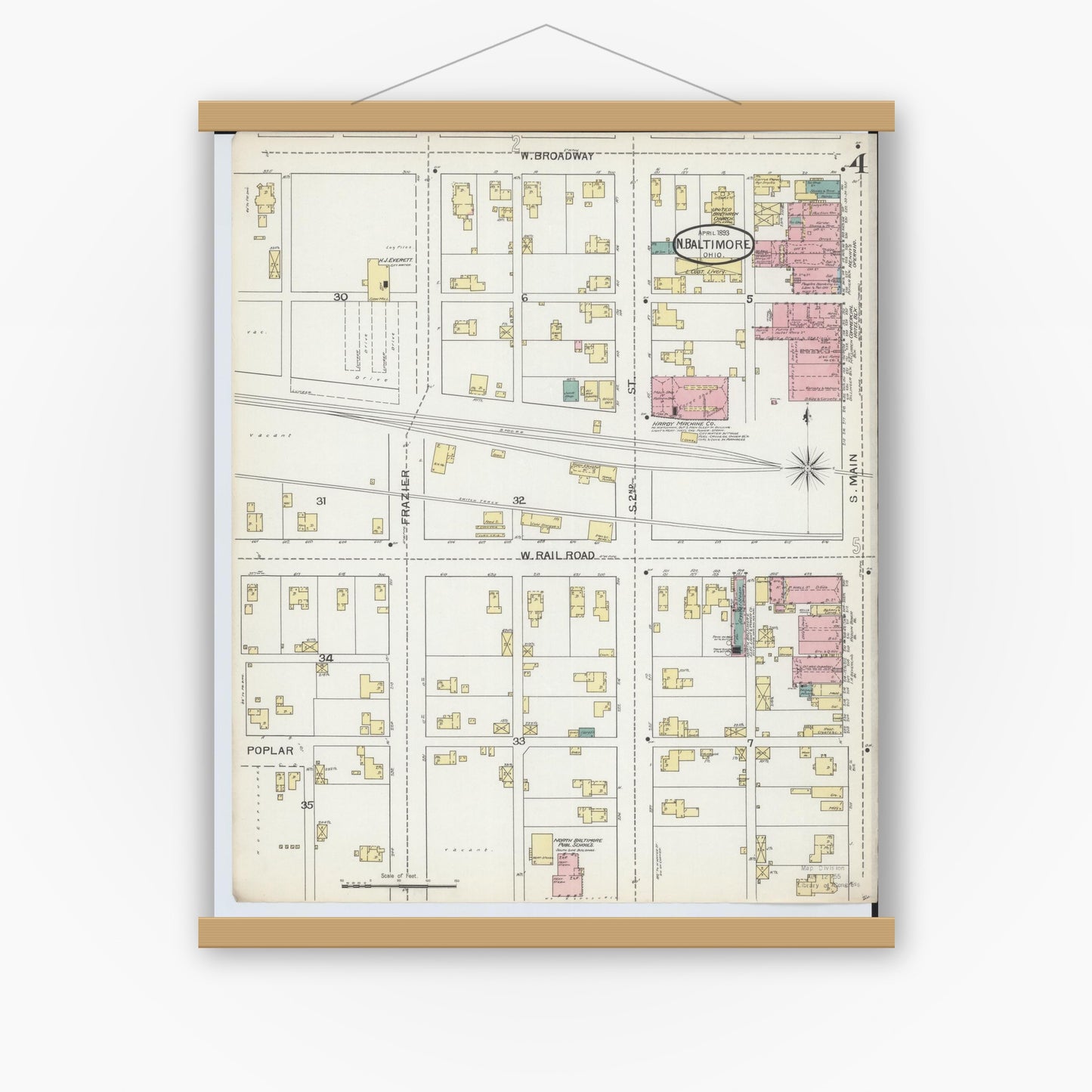 Old map wall art mockup — magnetic wood frame on white wall — Sanborn Fire Insurance Map from North Baltimore, Wood County, Ohio (1893), Sheet #0004