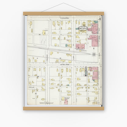 Old map wall art mockup — magnetic wood frame on white wall — Sanborn Fire Insurance Map from North Baltimore, Wood County, Ohio (1893), Sheet #0004