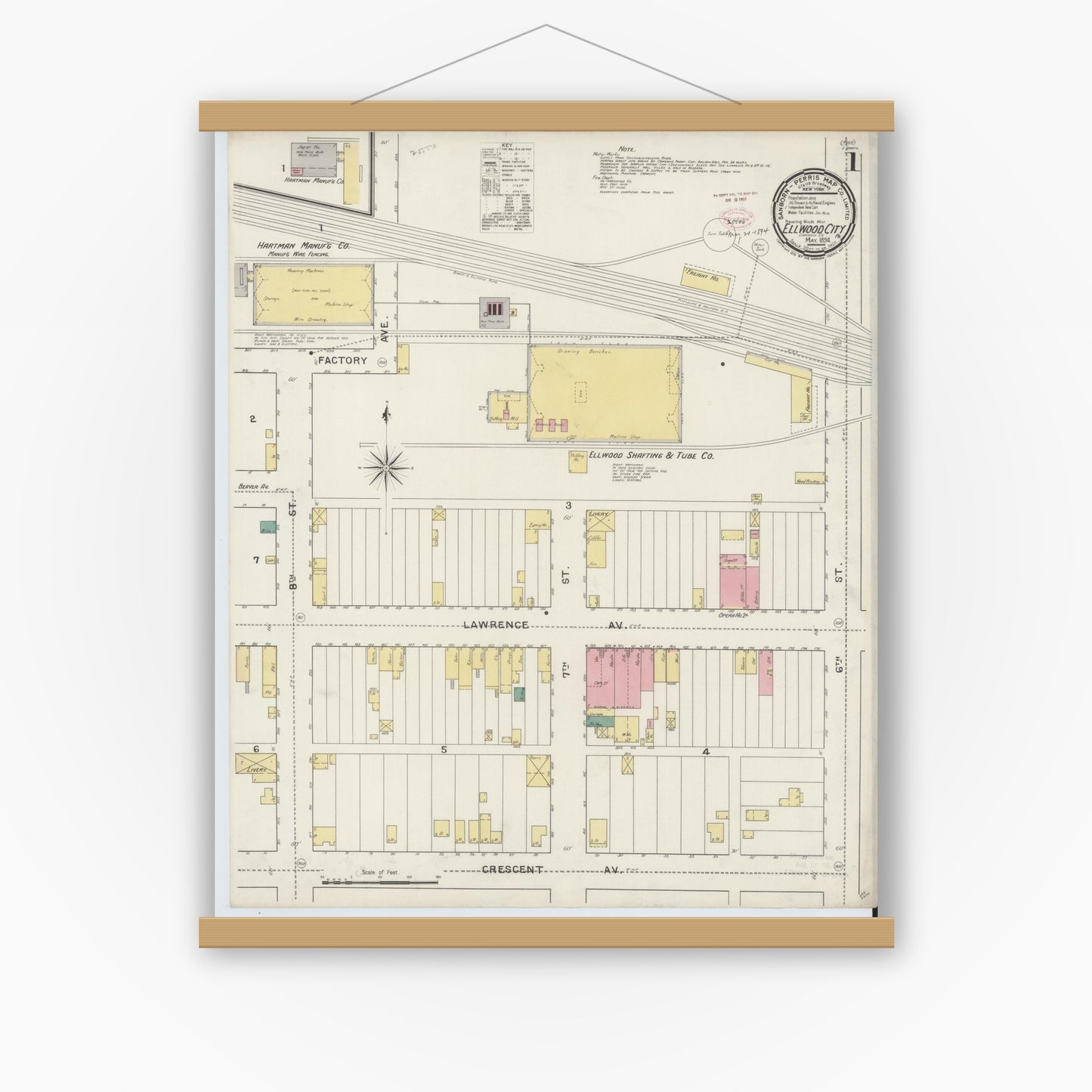 Old map wall art mockup — magnetic wood frame on white wall — Sanborn Fire Insurance Map from Ellwood City, Lawrence County, Pennsylvania (1894), Sheet #0001