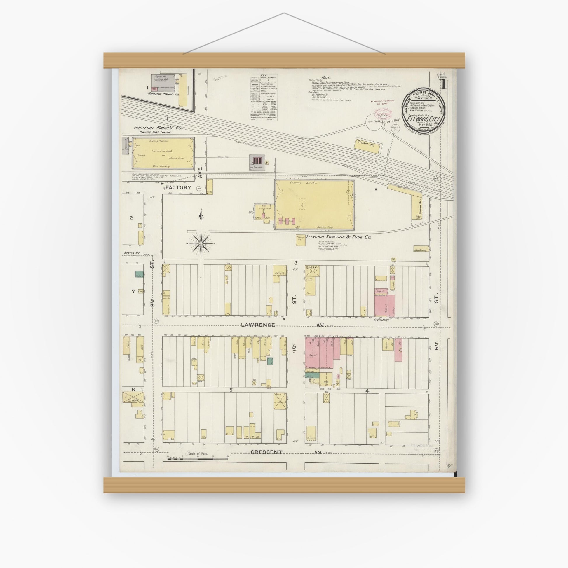 Old map wall art mockup — magnetic wood frame on white wall — Sanborn Fire Insurance Map from Ellwood City, Lawrence County, Pennsylvania (1894), Sheet #0001