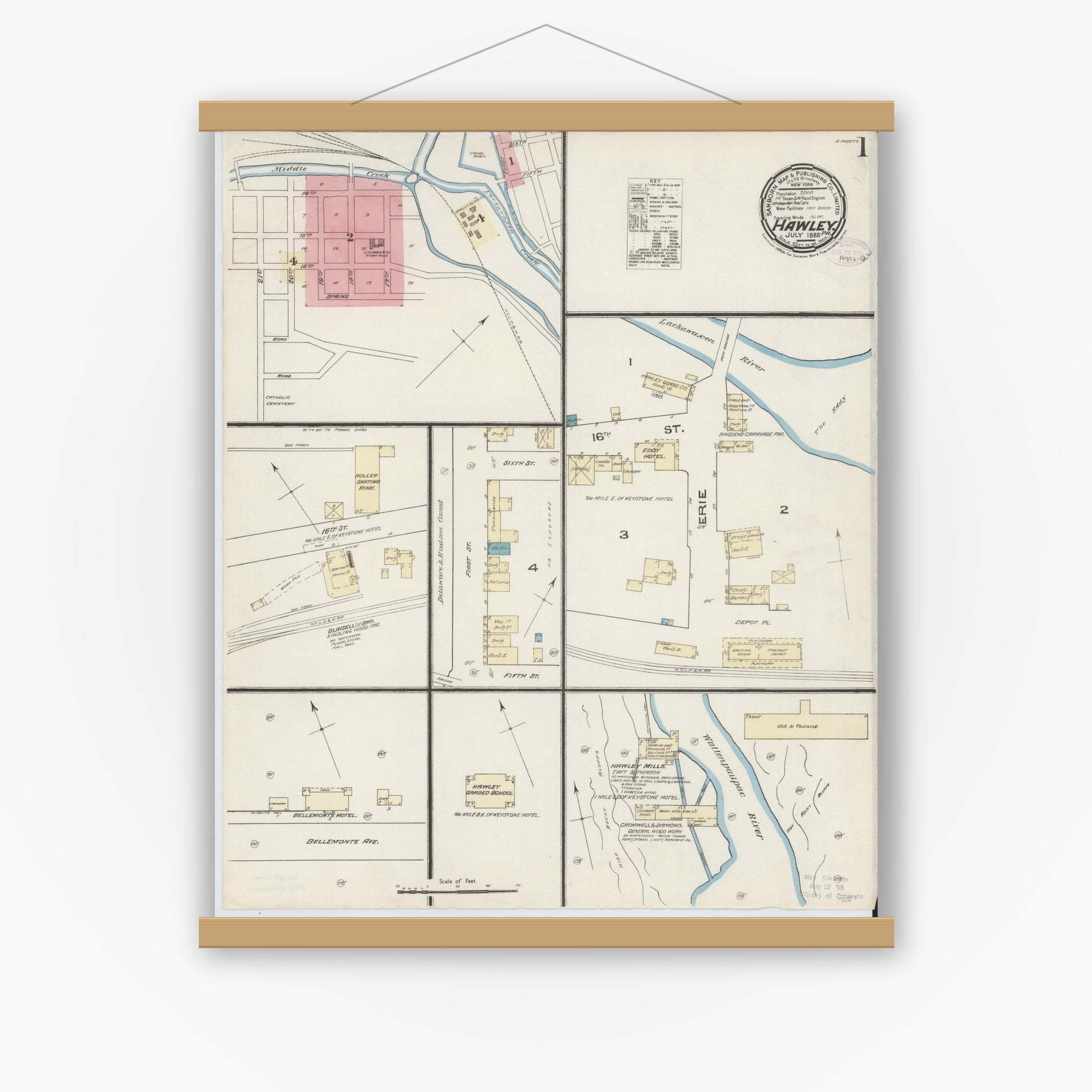 Old map wall art mockup — magnetic wood frame on white wall — Sanborn Fire Insurance Map from Hawley, Wayne County, Pennsylvania (1885) - Complete Map Set
