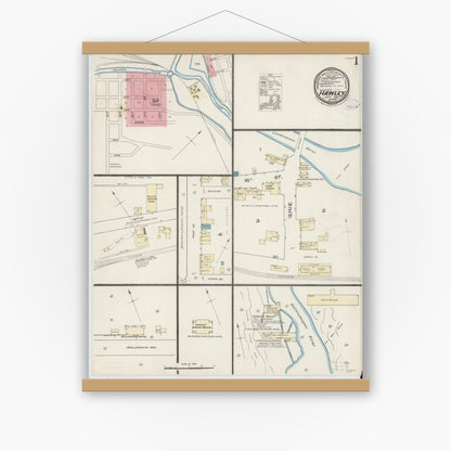 Old map wall art mockup — magnetic wood frame on white wall — Sanborn Fire Insurance Map from Hawley, Wayne County, Pennsylvania (1885) - Complete Map Set