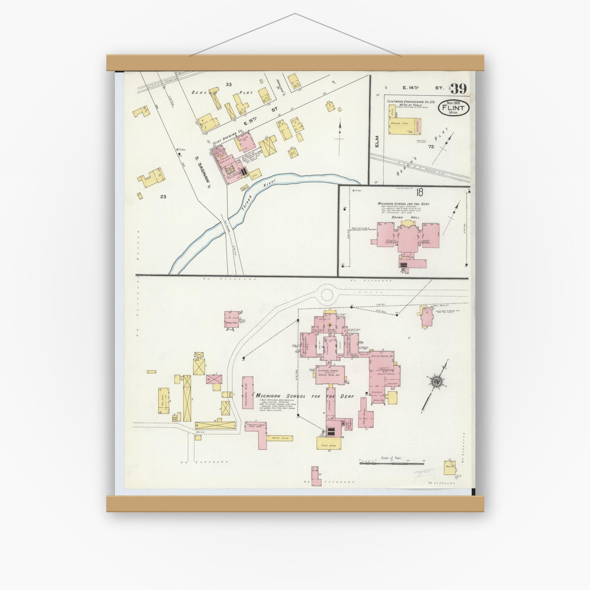Old map wall art mockup — magnetic wood frame on white wall — Sanborn Fire Insurance Map from Flint, Genesee County, Michigan (1909), Sheet #0039