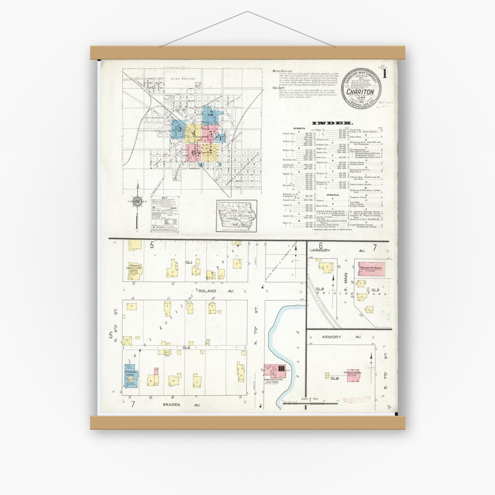 Old map wall art mockup — magnetic wood frame on white wall — Sanborn Fire Insurance Map from Chariton, Lucas County, Iowa (1913) â€” Complete Set