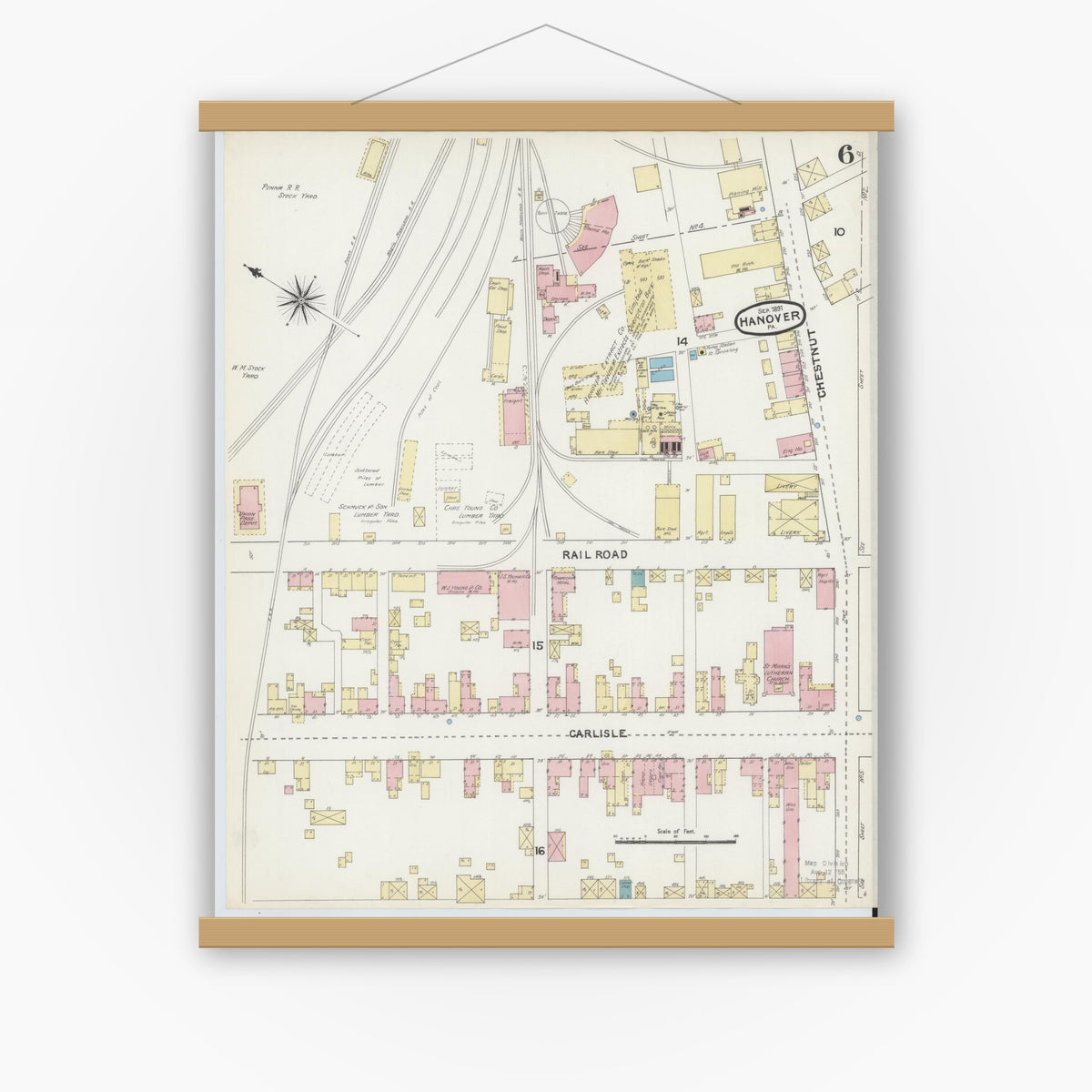 Old map wall art mockup — magnetic wood frame on white wall — Sanborn Fire Insurance Map from Hanover, York County, Pennsylvania (1891), Sheet #0006