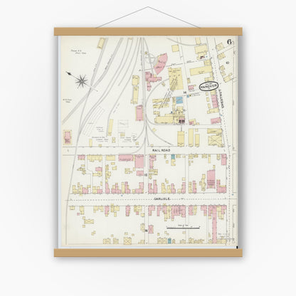 Old map wall art mockup — magnetic wood frame on white wall — Sanborn Fire Insurance Map from Hanover, York County, Pennsylvania (1891), Sheet #0006