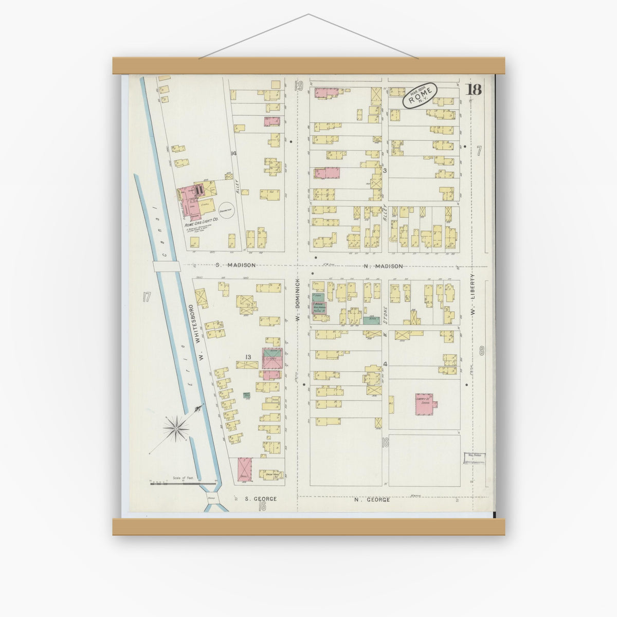 Old map wall art mockup — magnetic wood frame on white wall — Sanborn Fire Insurance Map from Rome, Oneida County, New York (1894), Sheet #0018