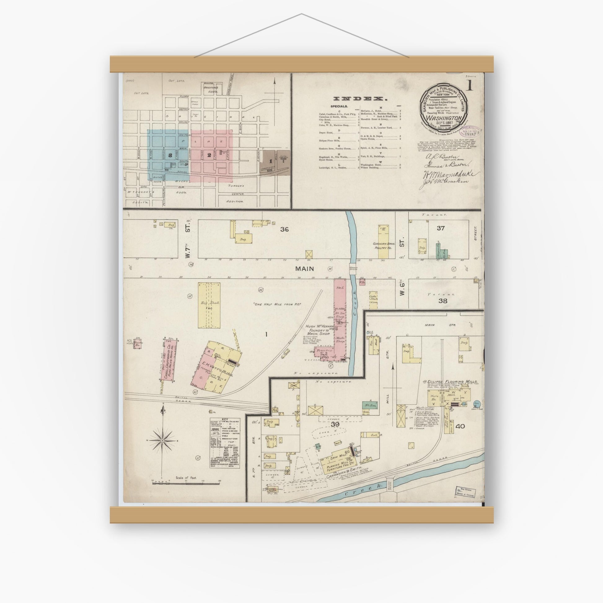 Old map wall art mockup — magnetic wood frame on white wall — Sanborn Fire Insurance Map from Washington, Daviess County, Indiana (1887) - Complete Map Set