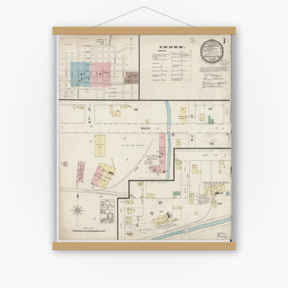 Old map wall art mockup — magnetic wood frame on white wall — Sanborn Fire Insurance Map from Washington, Daviess County, Indiana (1887) - Complete Map Set