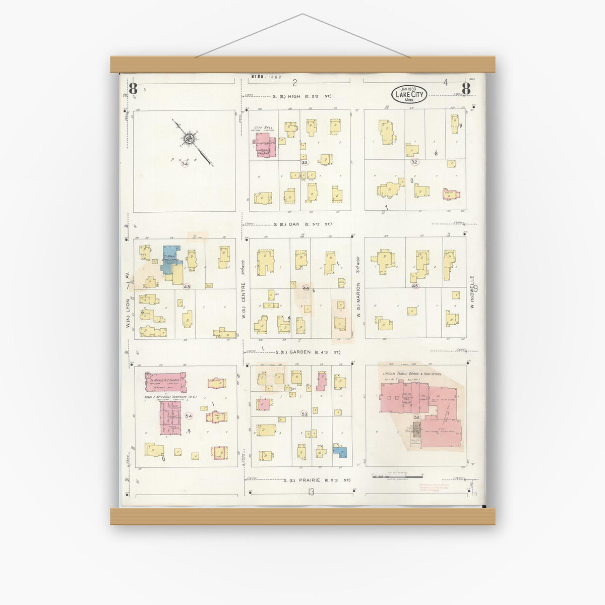 Old map wall art mockup — magnetic wood frame on white wall — Sanborn Fire Insurance Map from Lake City, Wabasha County, Minnesota (1938), Sheet #0008