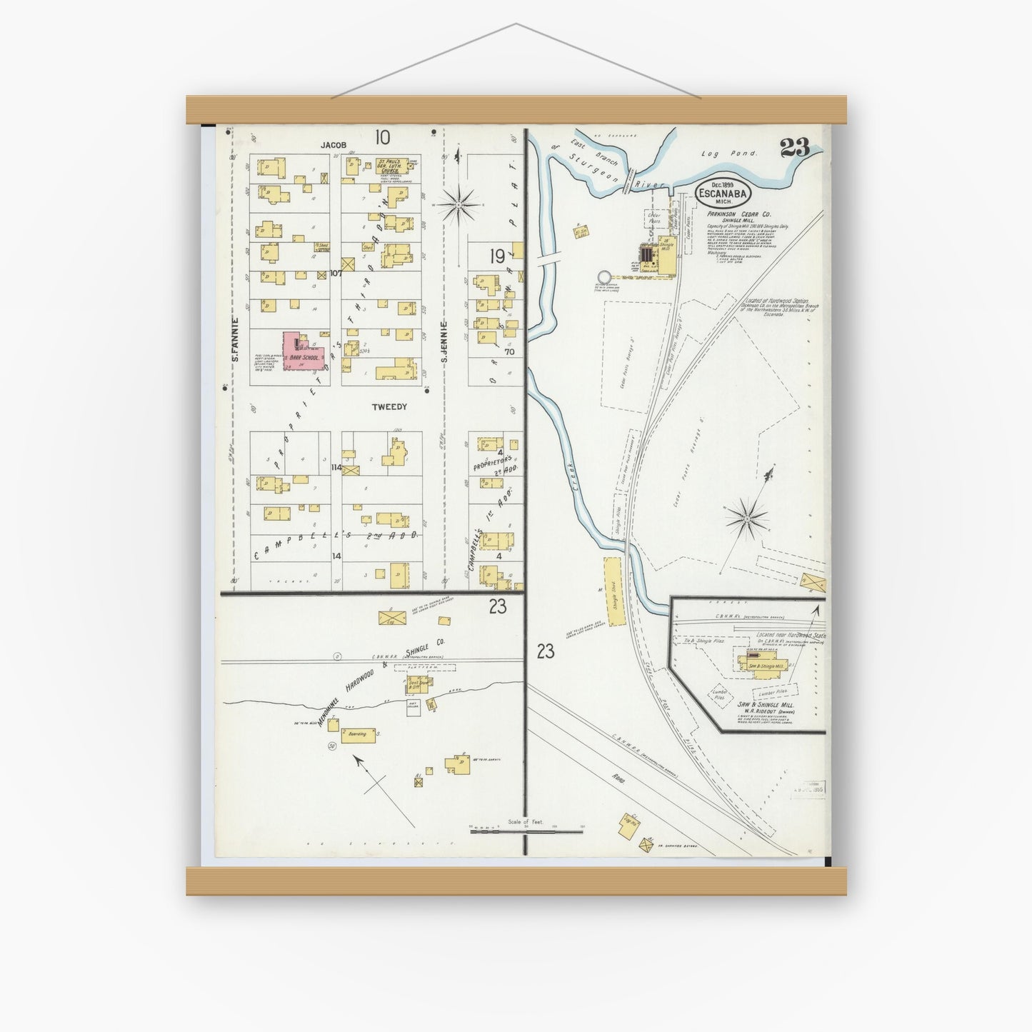 Old map wall art mockup — magnetic wood frame on white wall — Sanborn Fire Insurance Map from Escanaba, Delta County, Michigan (1899), Sheet #0023