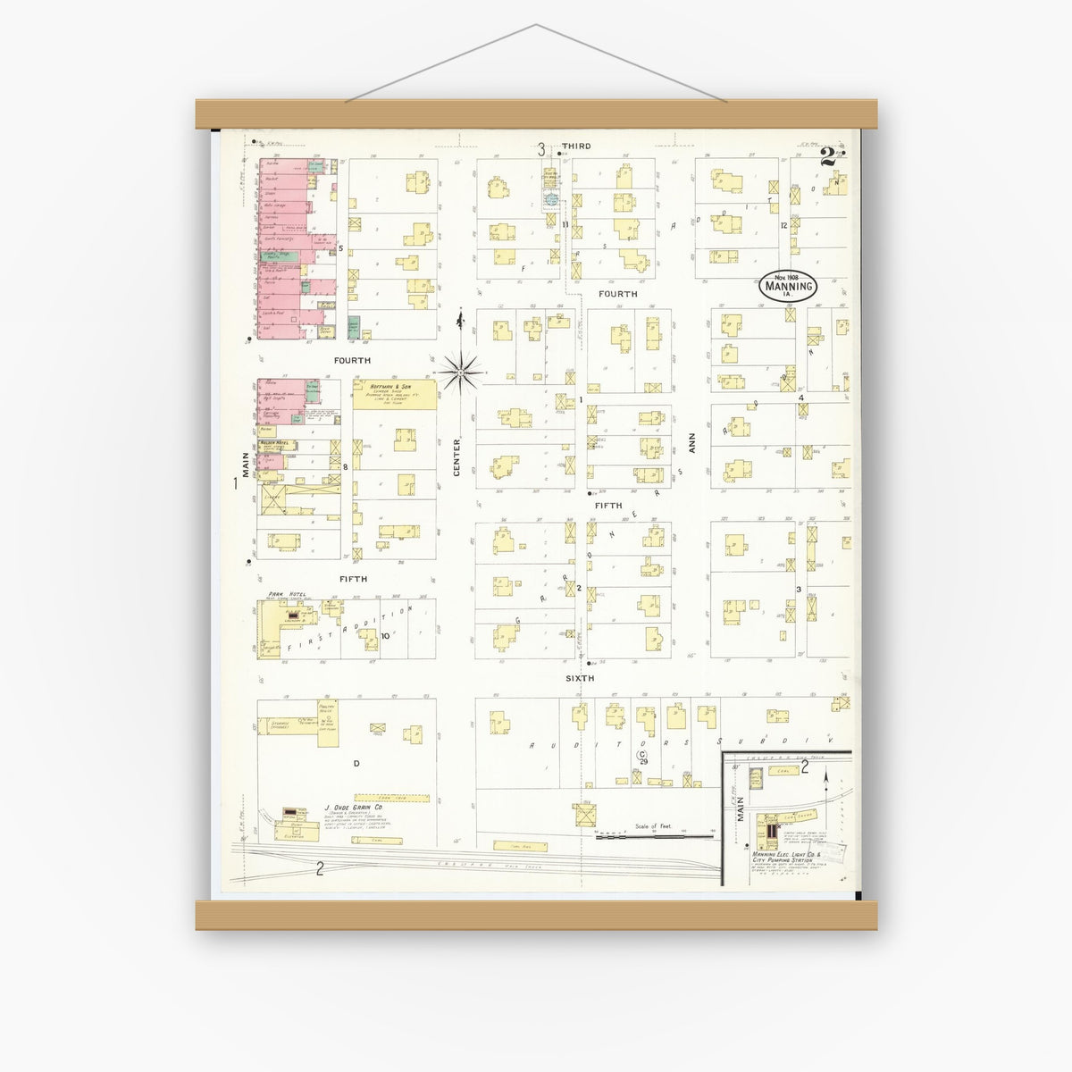 Old map wall art mockup — magnetic wood frame on white wall — Sanborn Fire Insurance Map from Manning, Carroll County, Iowa (1908), Sheet #0002