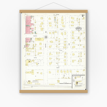Old map wall art mockup — magnetic wood frame on white wall — Sanborn Fire Insurance Map from Manning, Carroll County, Iowa (1908), Sheet #0002